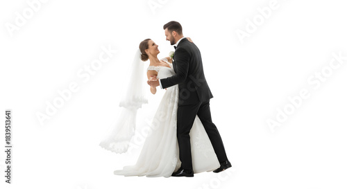 Romantic wedding couple embracing and looking at each other in formal attire isolated on transparent background