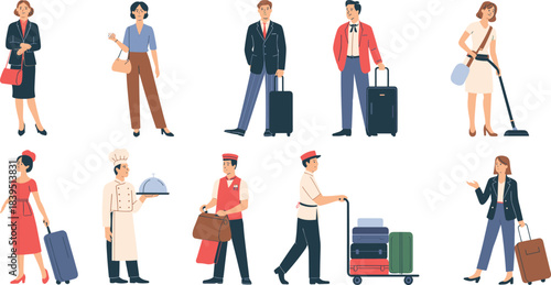 Cartoon hotel and travel character set with staff and guests for hospitality, tourism, and service industry design themes.