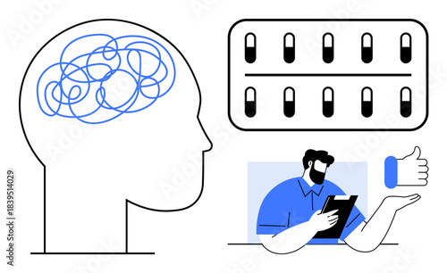 Mental health, healthcare, psychiatry, therapy, medication, wellness. Brain sketch and pills with doctor holding clipboard. Mental health and healthcare conceptualized visually