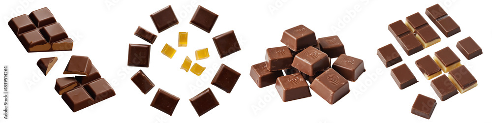 Fototapeta premium Set of assorted caramel-filled milk chocolate bites with solid squares and broken triangles on transparent background