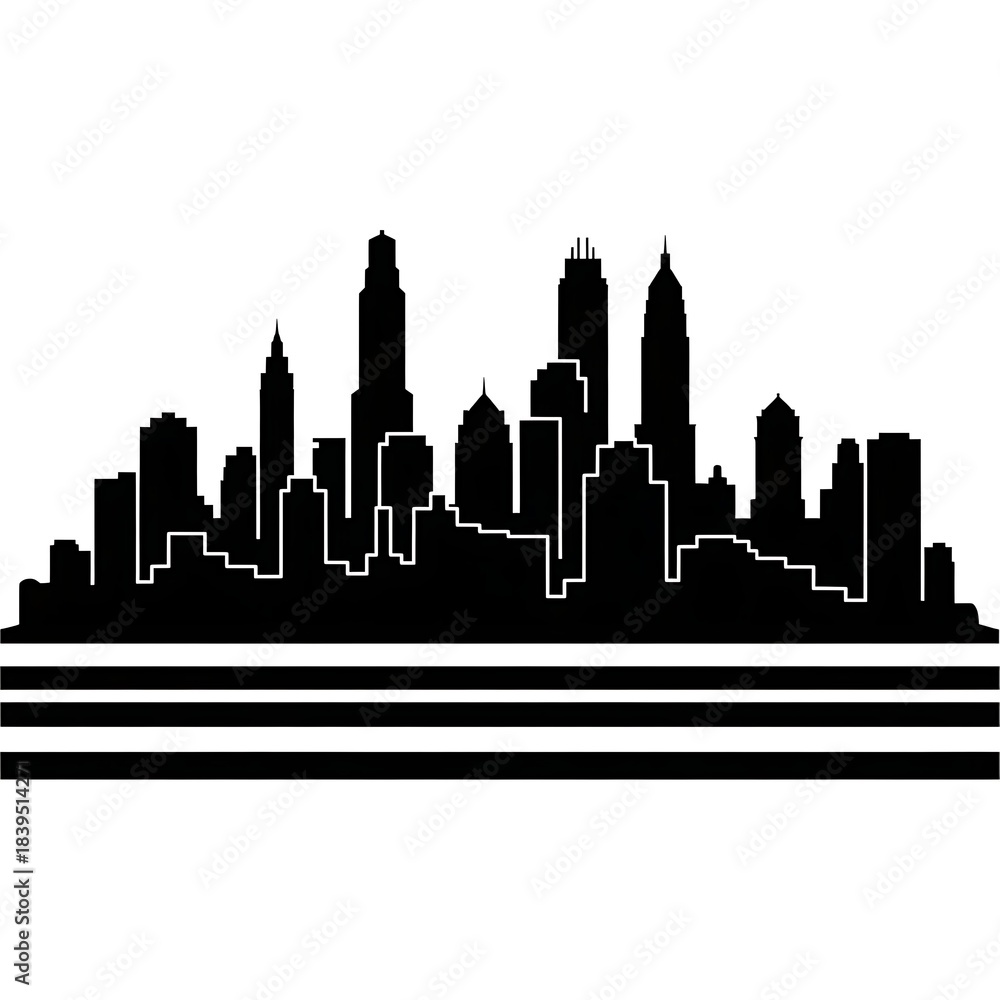 Obraz premium Black silhouette of a modern city skyline with horizontal stripes below