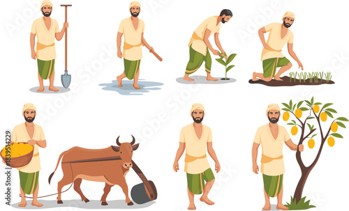 Cartoon traditional farming sequence with planting, plowing, and harvesting for agriculture, education, and rural lifestyle themes.