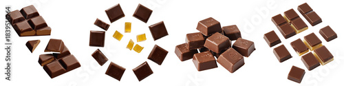 Set of assorted caramel-filled milk chocolate bites with solid squares and broken triangles on transparent background