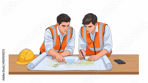 Two male engineers or construction workers in safety vests reviewing blueprints on a table with a hard hat and smartphone.