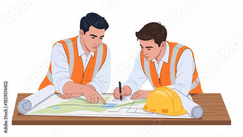 Two male engineers or construction workers reviewing blueprints and plans on a table with a hard hat.