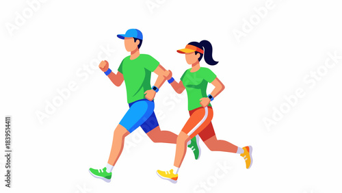 Illustration of a man and a woman jogging together, wearing athletic sportswear and caps, engaged in outdoor exercise.