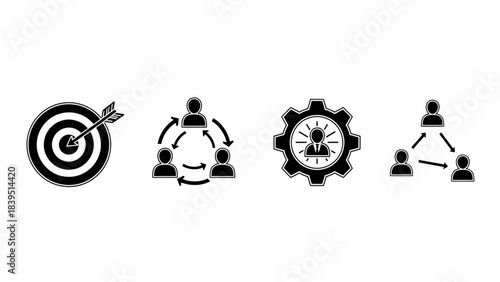 A set of four business icons representing goals, teamwork, strategy, innovation, and networking.