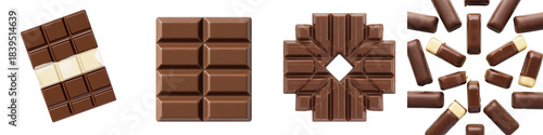 Set of assorted caramel-filled milk chocolate bites with solid squares and broken triangles on transparent background