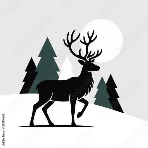 Reindeer Stag in Winter Forest Minimalist Silhouette Vector Design with Evergreen Trees and Moon.