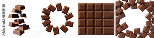 Set of assorted caramel-filled milk chocolate bites with solid squares and broken triangles on transparent background