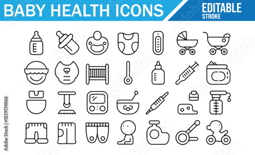 Baby safety and healthcare outline symbol set