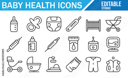 Infant medical care and baby health thin line icons