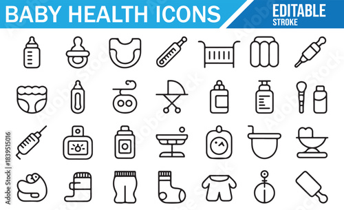 Infant healthcare and baby care thin line icon collection