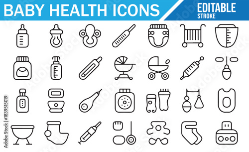 Baby health outline icons set, infant care and hygiene vector symbols