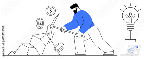 Finance, cryptocurrency, wealth creation, innovation, investment strategy, business solutions. A man mines coins with a pickaxe near ideas and data insights. Finance and innovation concept