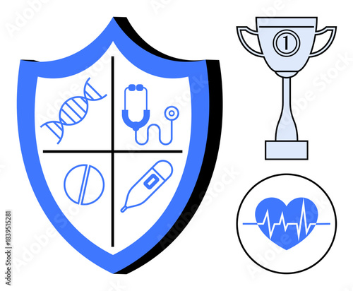 Healthcare protection. Shield with medical symbols emphasizing health and safety. Healthcare encourages wellness and prevention. For medical services, wellness programs, health campaigns, preventive
