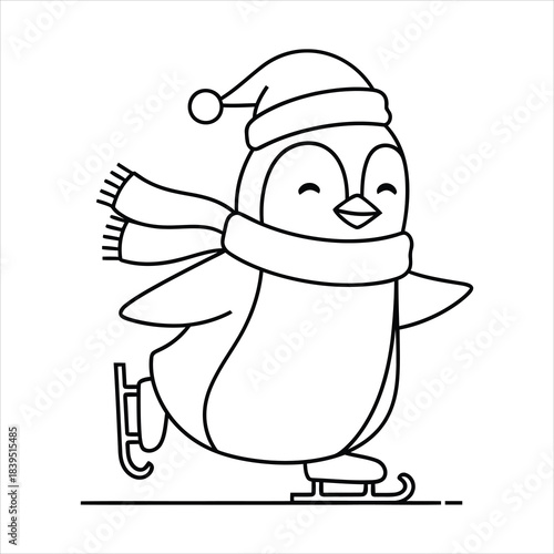 A Cute Penguine skiting with Christmas Theme Coloring Page