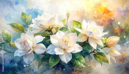 White flowers against blue background painting vibrant floral arrangement depicted with brushstrokes