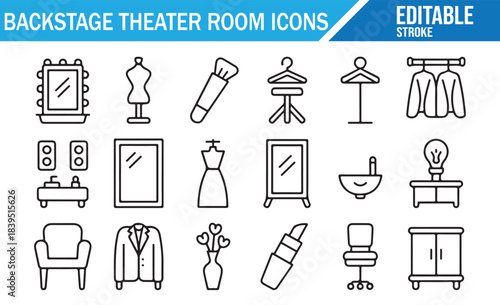 Stage show backstage preparation linear icons, entertainment vector pack
