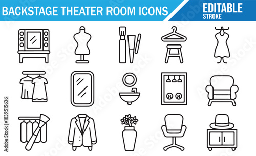 Theater dressing room and backstage outline symbol set