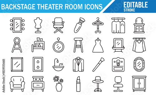 Minimal backstage theater room icon pack, performance outline illustration