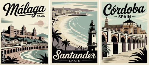 Retro triptych of Málaga Santander and Córdoba in minimalist mid century style with iconic landmarks, bold typography and modernist color palette