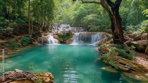 Crystal clear waterfall, flowing water splash effects, tropical paradise, bright daylight 4K