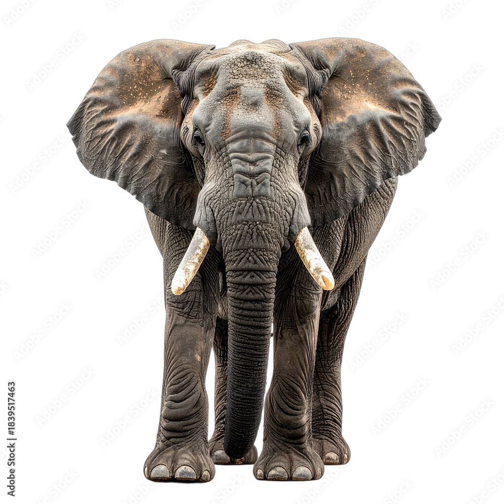 Fototapeta premium A striking, frontal portrait of an African bush elephant isolated on a black background.