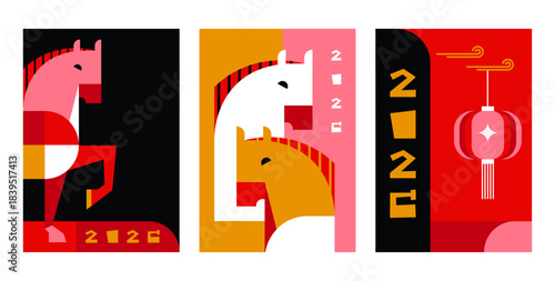 Modern geometric vertical banner and cards for Chinese New Year 2026 - Year of the Horse. social media promotional content