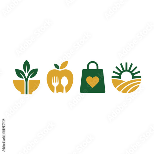 Modern vector icons showcasing healthy food, organic nature, and sustainable agriculture, featuring a green and yellow farm-to-table theme.