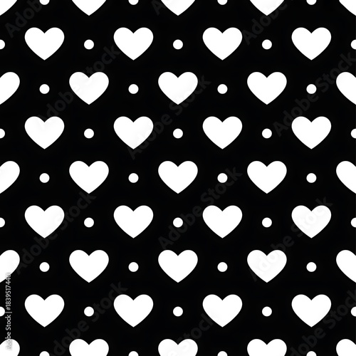 Seamless pattern of white hand drawn hearts and dots on a black background