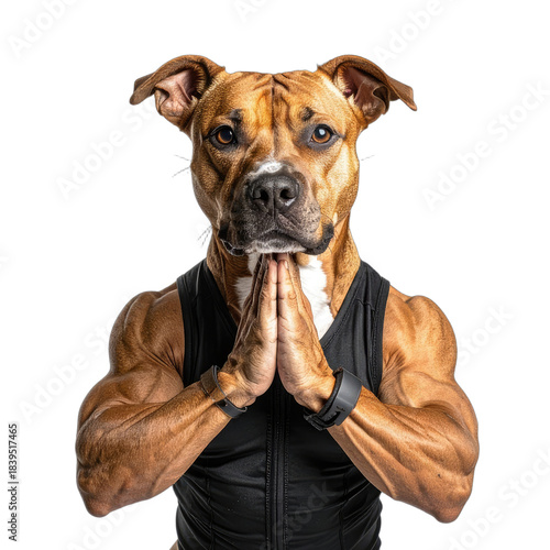 A muscular dog wearing a black athletic tank top holds its hands in a prayer position against a black background.