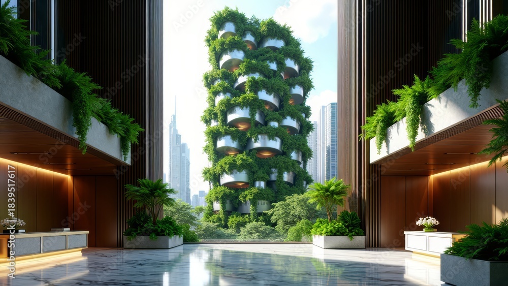 Fototapeta premium Biophilic skyscraper covered in plants inside lobby