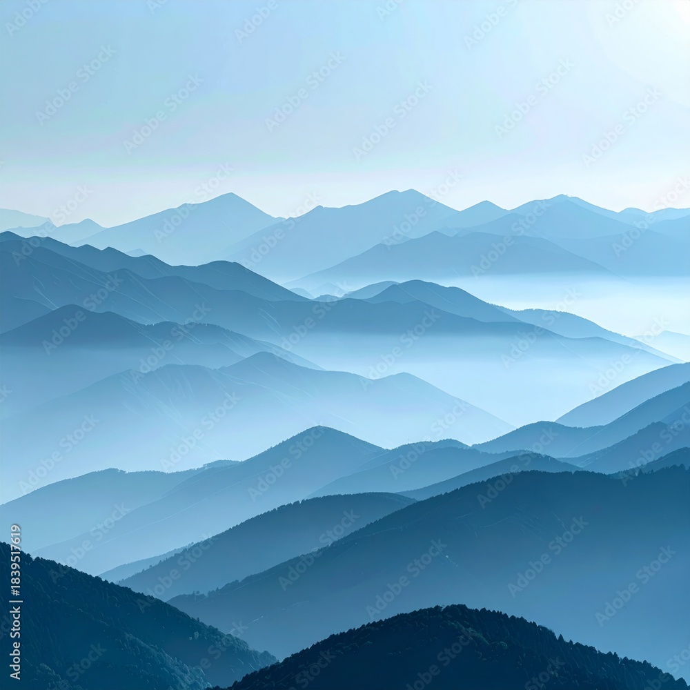 Obraz premium Misty Blue Mountain Range Layers Under Soft Sunlight Panorama Scenic Vista