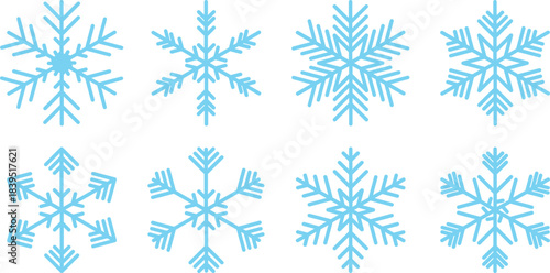 Collection of delicate pastel blue and white snowflake illustrations on a clean background