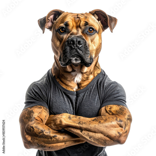 A digitally created image of a muscular boxer dog wearing a dark t-shirt against a black background.