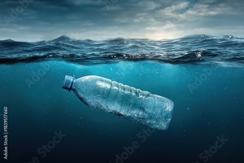 Plastic Water Bottle Floating in Ocean Water Pollution