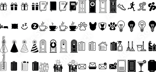 Diverse everyday lifestyle and business related black and white vector icon collection for modern design projects