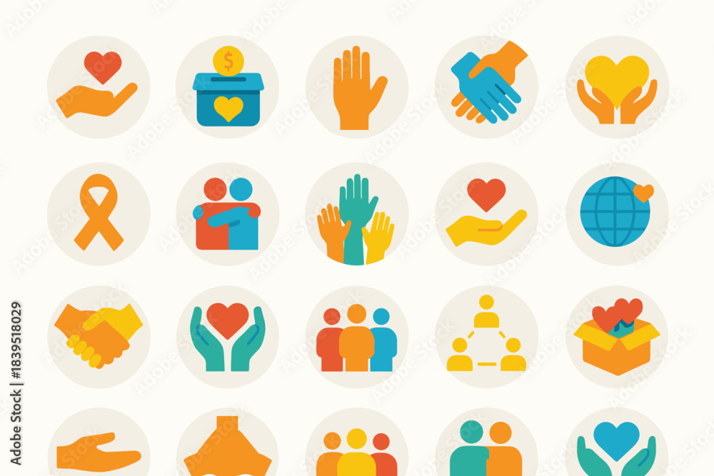 Fototapeta premium Charity and Community Icons Set – Donation, Support, Unity and Helping Hands