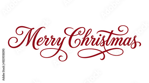 Merry Christmas in cursive, calligraphy, writing, lettering, text, font, phrase, type, vector, isolated for Christmas card template printable, banner, tags, sign, email signature, header, social media