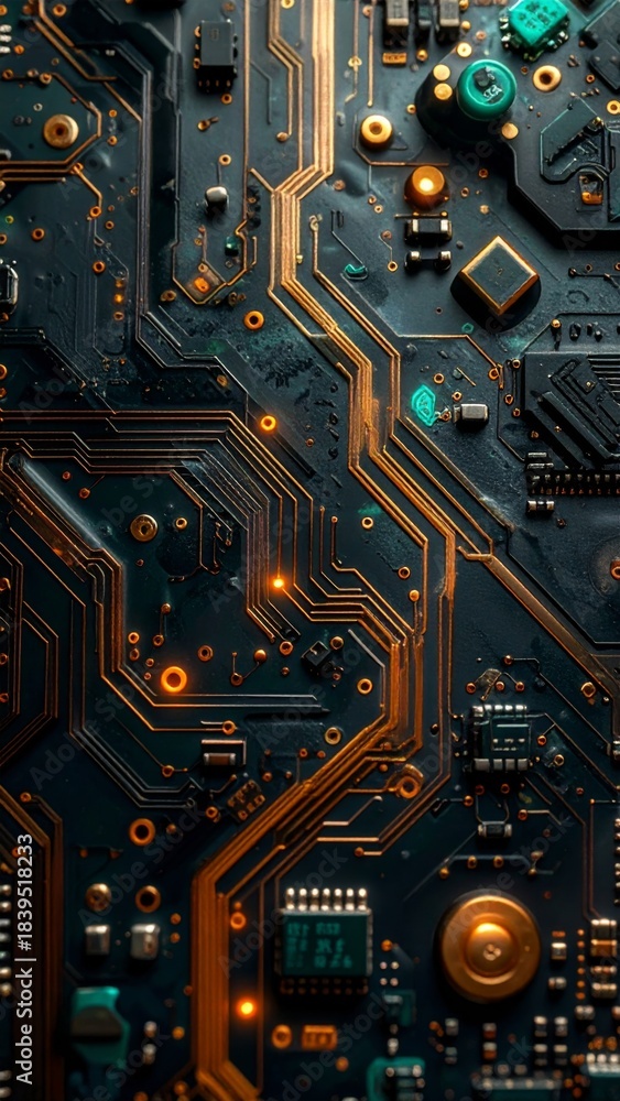 Fototapeta premium Close up of a dark computer motherboard with glowing orange circuit board lines and green components