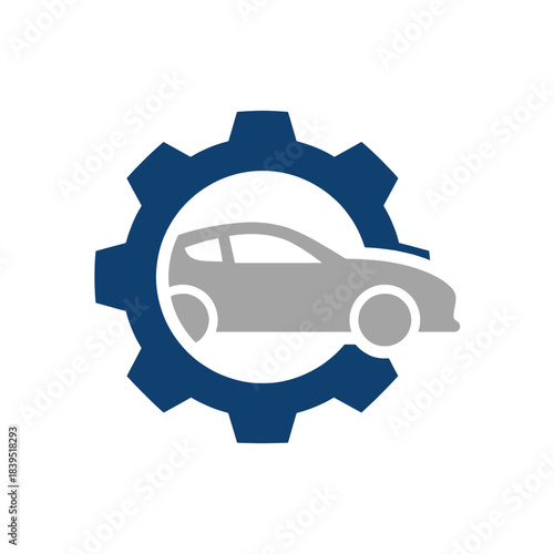 Modern automotive service logo featuring a sleek car and gear icon, a vector graphic in blue and grey, ideal for mechanic and repair businesses.