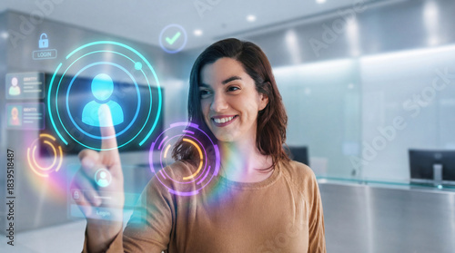 Woman Accessing Futuristic Holographic Digital Login Interface