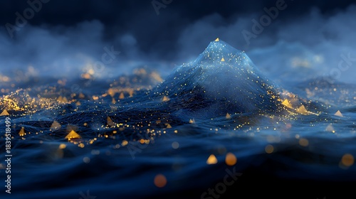 Misty Digital Landscape with Glowing Orange Lights on Wireframe Hills image photo