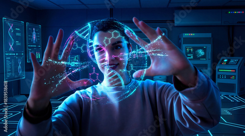 Scientist Manipulating Futuristic Holographic DNA Structure