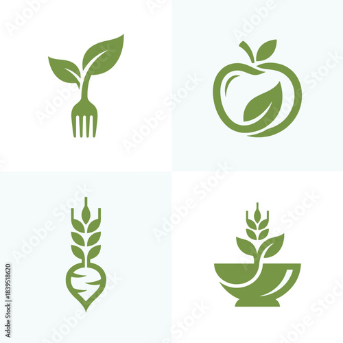 Modern vector logos featuring healthy organic food and natural agriculture elements like leaves in a fresh green hue for a balanced diet concept.