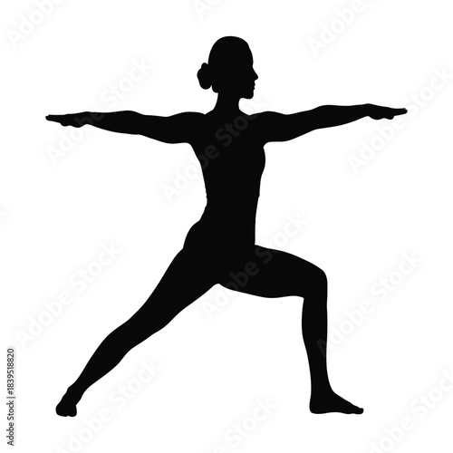 Female silhouette performing warrior ii yoga pose for wellbeing