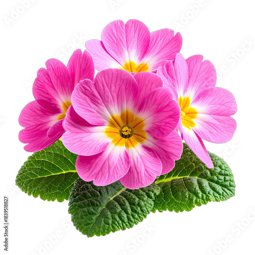 Vibrant cluster of pink primrose flowers with green leaves isolated on black.