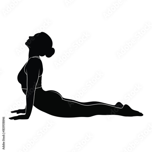 Silhouette of woman doing upward-facing dog yoga pose on white