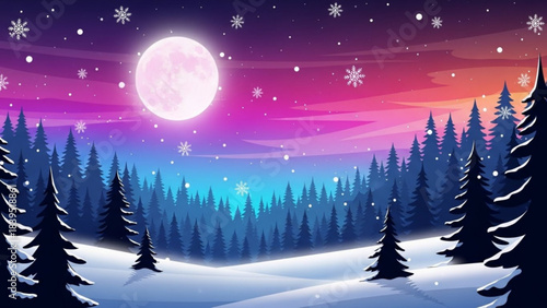 Winter Wonderland: A serene winter scene unfolds beneath a starry night, with gentle snowflakes dancing across the sky and snow-covered trees lining the landscape.